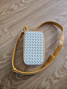 Mustard Leather-Trim Woven Check Crossbody Bag